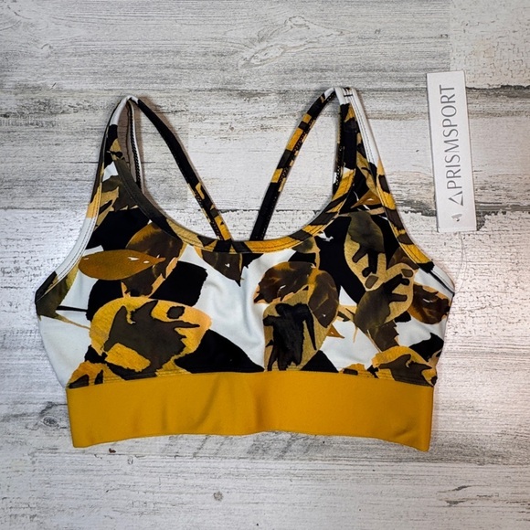 Prismsport Strappy Yellow Leaf Sports Bra Mesh NWT Small - Picture 1 of 8